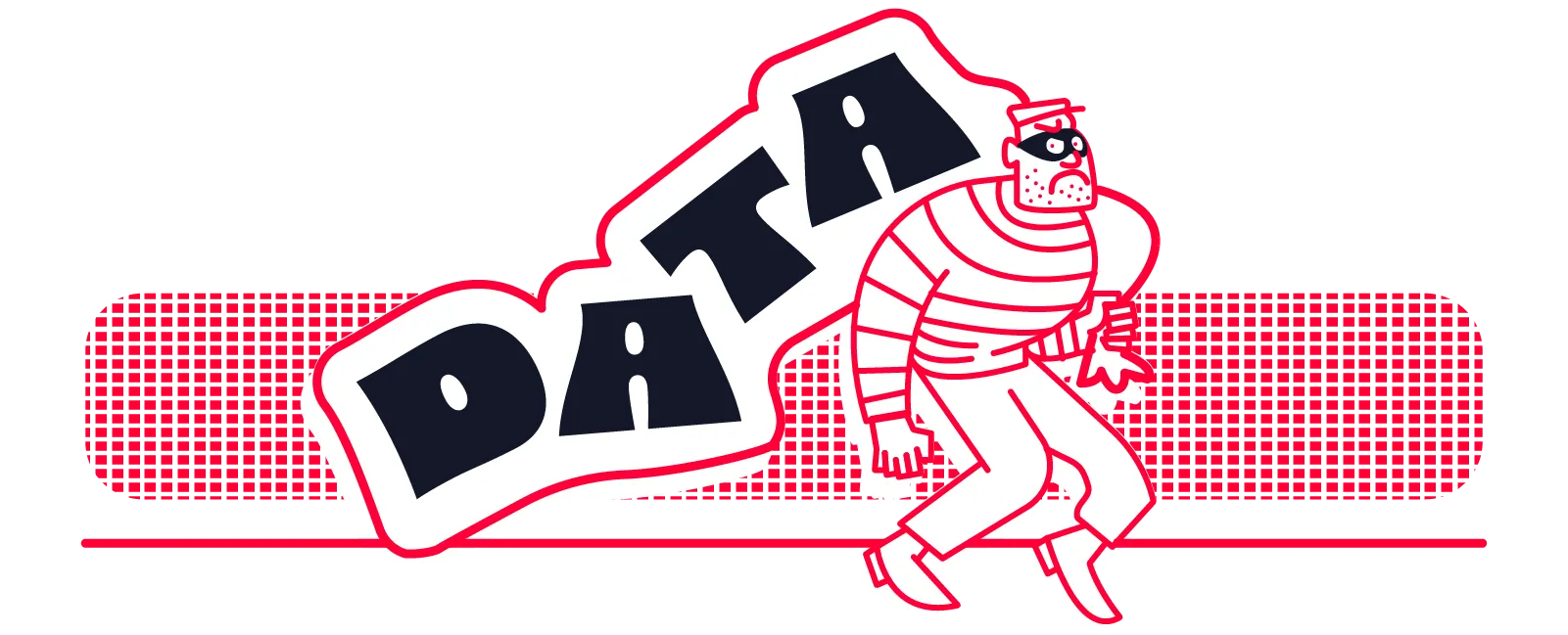 An illustration of a burglar in a striped shirt and mask carrying away the word DATA.